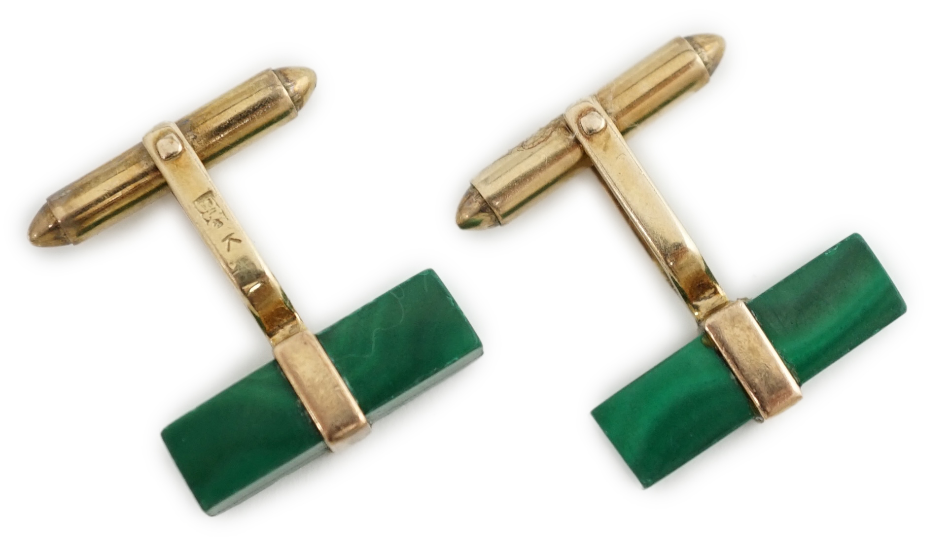 A pair of Chinese 9k gold and malachite set cufflinks